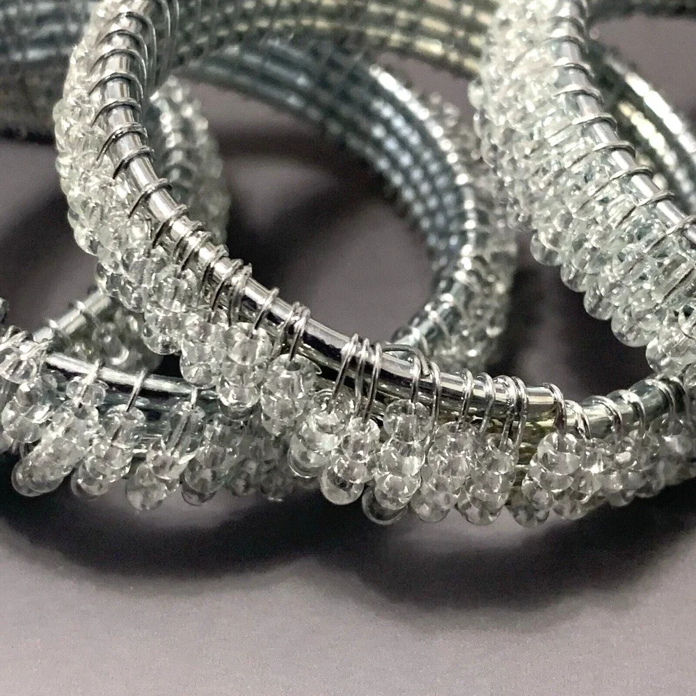 Set of 5 Napkin Rings Silver Tone Wire Clear Glass Beads Elegant Table Decor